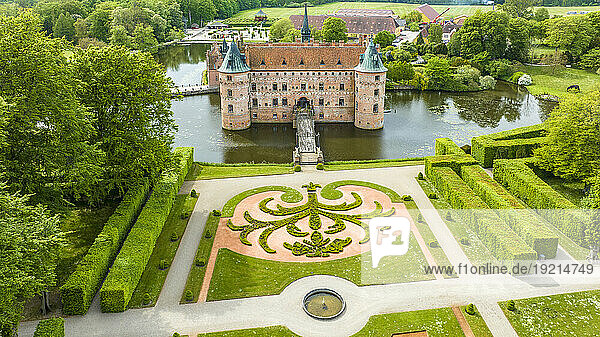 Denmark  Southern Denmark  Kvaerndrup  Aerial view of garden in front of Egeskov Castle