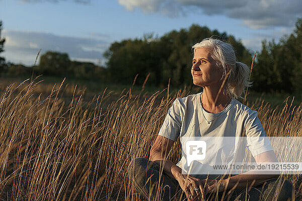 Mature woman with grey hair sitting amidst plants at sunset