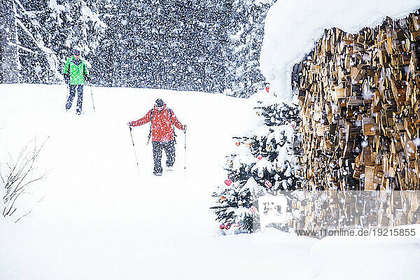 Senior couple snowshoeing near firewoods on snow