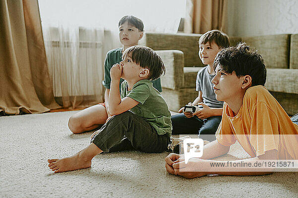 Brothers playing video game on carpet at home