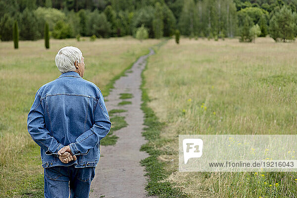 Elderly man strolling on footpath at park