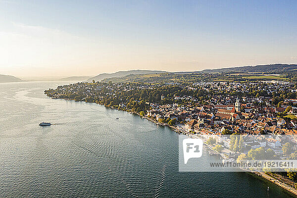 Germany  Baden-Wurttemberg  Uberlingen  Aerial view of city on shore of Bodensee at sunset