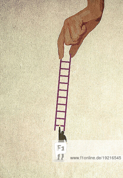 Illustration of oversized hand passing ladder to man