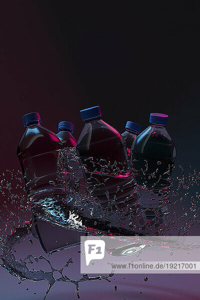 3D render of water swirling around floating bottles