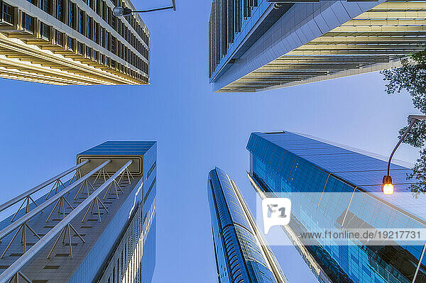 Australia  Queensland  Brisbane  Low angle view of tall modern skyscrapers