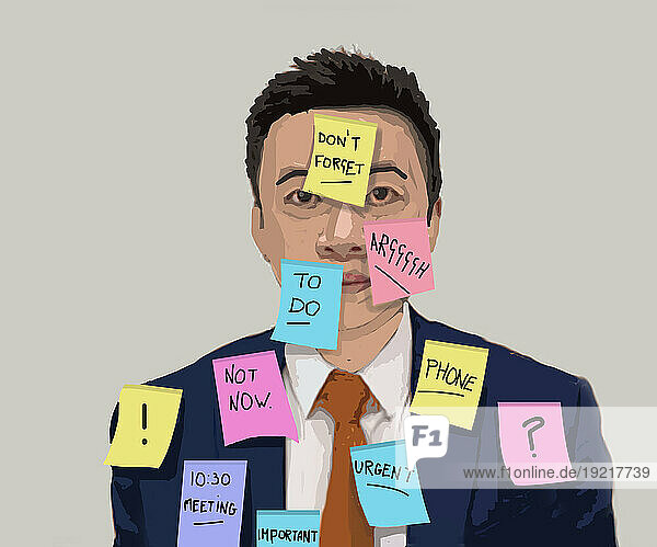 Illustration of man covered in colorful adhesive notes