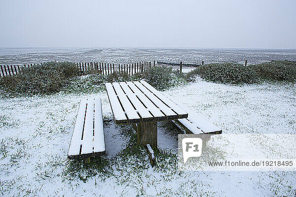 France  Les Moutiers-en-Retz  44  picnic table under the snow  February 11  2021.