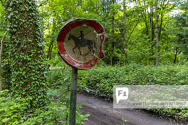 Riding sign in poor condition in a forest.