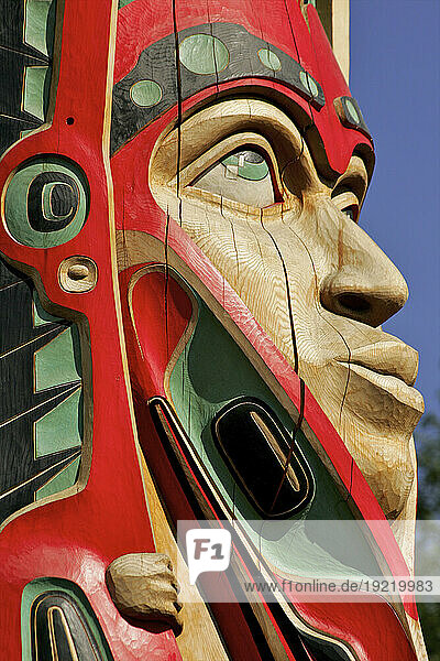Close Up Of A Face On A Traditional Haida Totem Carving In Ketchikan  Alaska