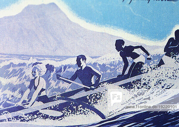 C.1940  Outrigger Canoe Surfing Wave With Tourists And Diamond Head.