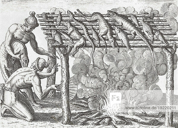 Two Native American men smoke their catch of indigenous animals and reptiles. After a late 16th century work by Theodor de Bry.