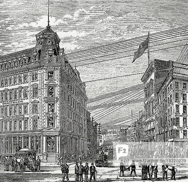 Corner of Broad and Wall Streets  New York City  United States of America. Drexel's building and Stock Exchange  19th century. From America Revisited: From The Bay of New York to The Gulf of Mexico  published 1886.