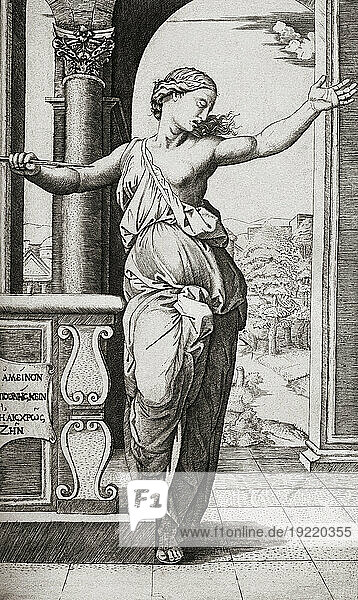Lucretia with the knife at her breast. After the engraving by M.A. Raimondi. Lucretia  d.510 BC. Roman heroine who committed suicide after being raped by Sextus Tarquinius (Tarquin)  son of the last king of Rome  Lucius Tarquinius Superbus. Many famous artists have used this theme including  amongst others  Titian  Rembrandt  Dürer  Raphael  Botticelli. From Histoire de La Gravure  published 1880