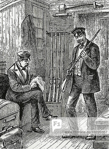 The baggage master's armoury  aboard the train to Atlanta  Georgia  USA  19th century. Presumably the railroad baggage master needed weapons to protect the passenger's baggage from theft. From America Revisited: From The Bay of New York to The Gulf of Mexico  published 1886.