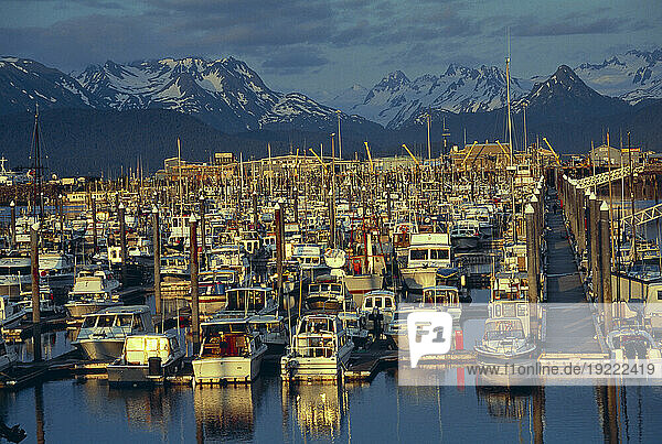 Busy harbour full of mooring boats with a snow-capped mountain range in the background in Alaska  USA; Alaska  United States of America