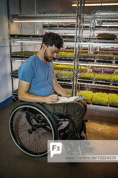 Man in a wheelchair doing paperwork at a microgreens urban farm; Edmonton  Alberta  Canada