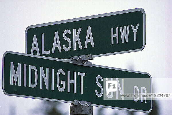 Crossroads of Alaska Highway and Midnight Sun Drive  Alaska  USA; Alaska  United States of America