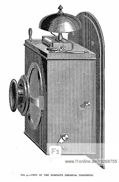 Edisons Chemisches Telefon. Gravur  ursprünglich 1879 im Scribners Magazine veröffentlicht