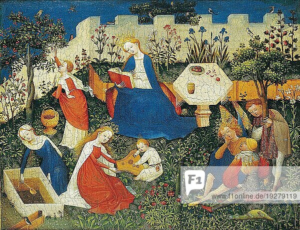 Der kleine Garten als Paradies  symbolisch für das gute Leben der Reichen im Mittelalter  heile Welt. Gemälde von einem unbekannten Maler  Historisch  digital restaurierte Reproduktion von einer Vorlage aus der damaligen Zeit
