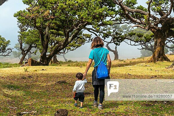 Fanal Wald auf Madeira  Mutter mit ihrem Sohn  die sich im Sommer unter Lorbeerbäumen vergnügen