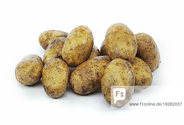 Schmutzige Kartoffeln vor weißem Hintergrund mit natürlichen Schatten