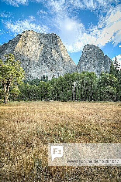 Half dome Yosemite national park mit Wiese und blauem Himmel