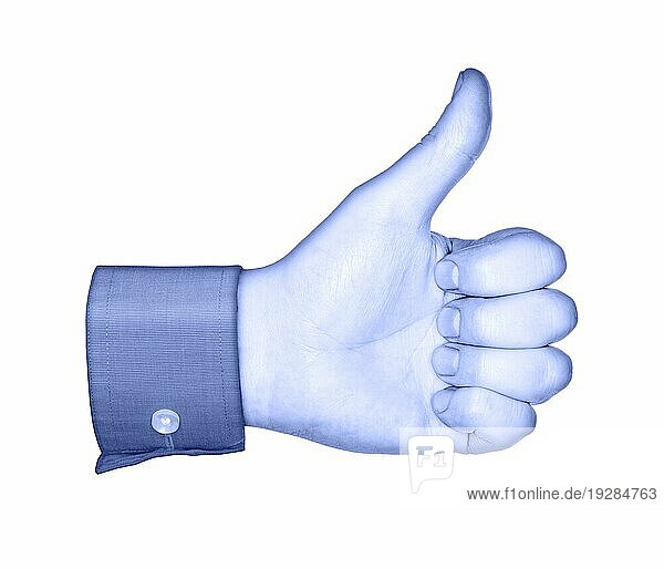 Konzeptbild einer blaün Hand  ähnlich den Like Buttons in sozialen Medien