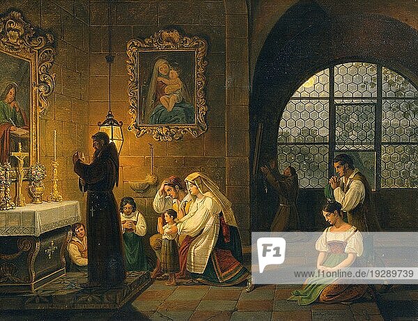 Das Innere einer italienischen Kirche mit Menschen beim Beten  Gebet  nach einem Gemälde von Johann Nepomuk Schödlberger  Historisch  digital restaurierte Reproduktion von einer Vorlage aus der damaligen Zeit