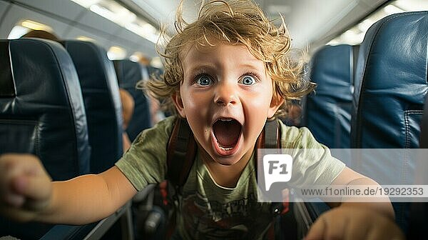 Ein wütendes Kind  das in einem Flugzeug Chaos verursacht und alle an Bord belästigt. generative KI