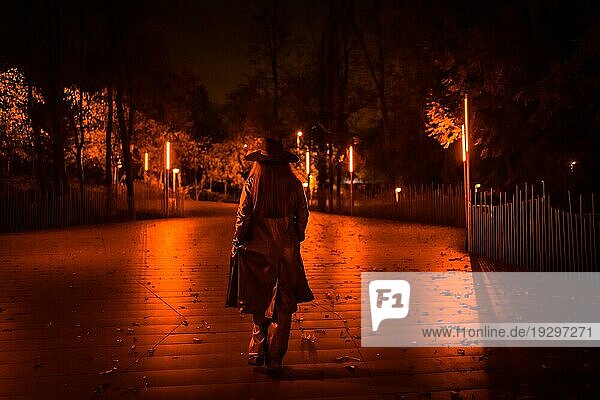 Mädchen mit Hut geht ruhig durch einen Park in einer Winternacht