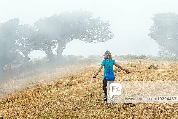 Fanal Wald mit Nebel in Madeira  junger Tourist in Lorbeerbäumen spazieren  mystisch  geheimnisvoll