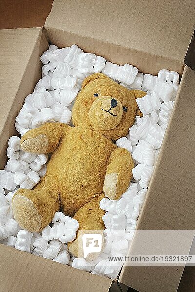 Vintage Teddybär sicher in einer Pappschachtel