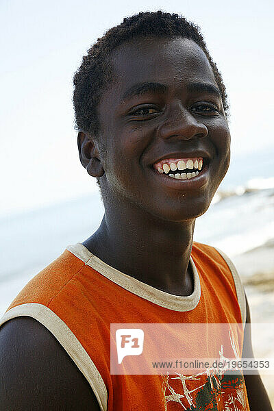 Portrait of a boy in Porto da Barra beach  Salvador  Bahia  Brazil.
