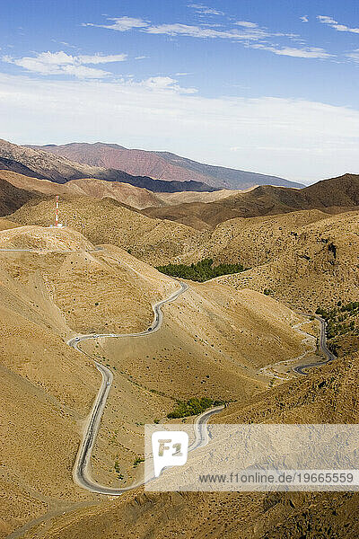 Winding road to the Tizi N'Tichka pass  Atlas mountains  Morocco.