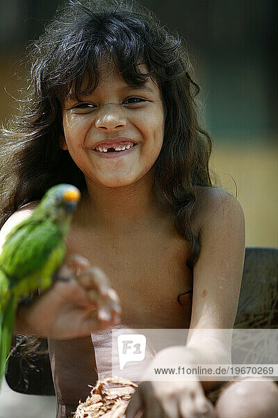 Portrait of young Pataxo Indian girl at the Reserva Indigena da Jaqueira near Porto Seguro  Bahia  Brazil.