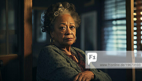 An older black woman with arms crossed indoors
