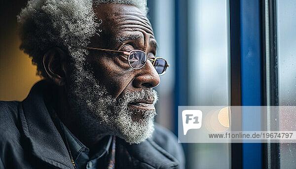 Close up of an elderly black man looking out a window