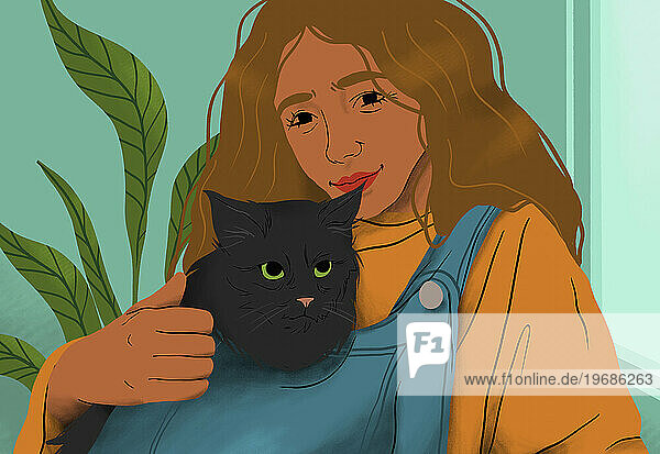 Portrait happy young woman holding cat in overalls