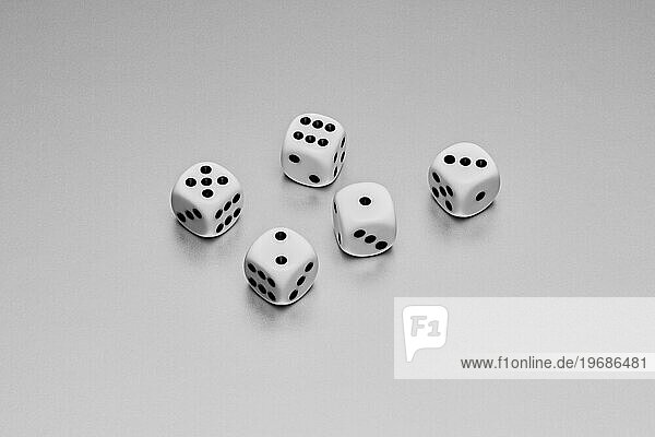 Still life five white and black dice on white background