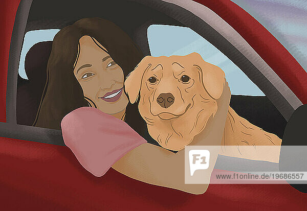 Portrait happy woman with dog in car window