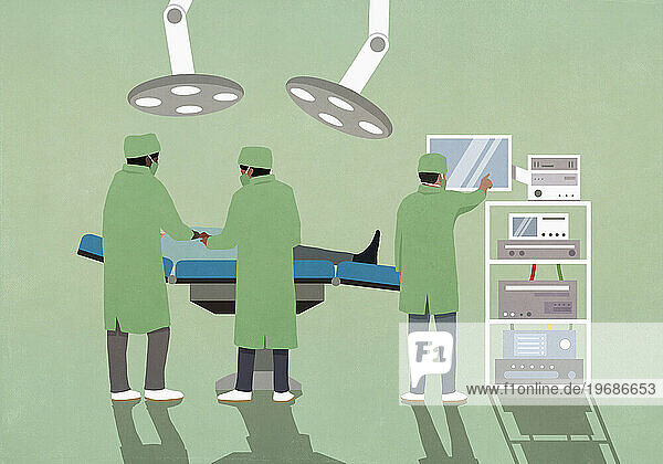 Surgeons in surgical scrubs operating on patient tin hospital operating room