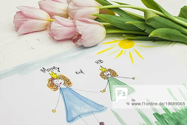Kind Mutter Zeichnung Blumen Tisch