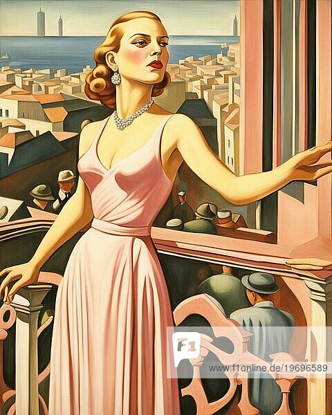 Figur einer Frau wie Evita Peron  Kurzhaarfrisur  blond  schlank  energisch  Art Deco Stil  die vom Balkon eines rosafarbenen Palastes zu einer Menschenmenge spricht und ein langes elegantes Kleid trägt  in Buenos Aires  Argentinien  Südamerika