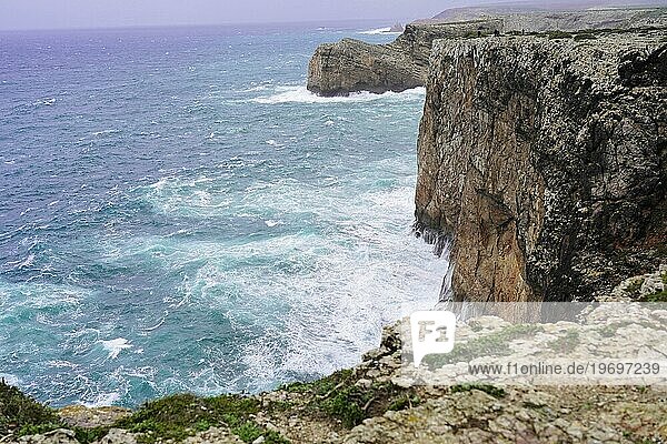 Sea cliffs along the north shore of Cape St. Vincent,  Cabo de São Vicente,  Algarve,  Portugal,  Europe