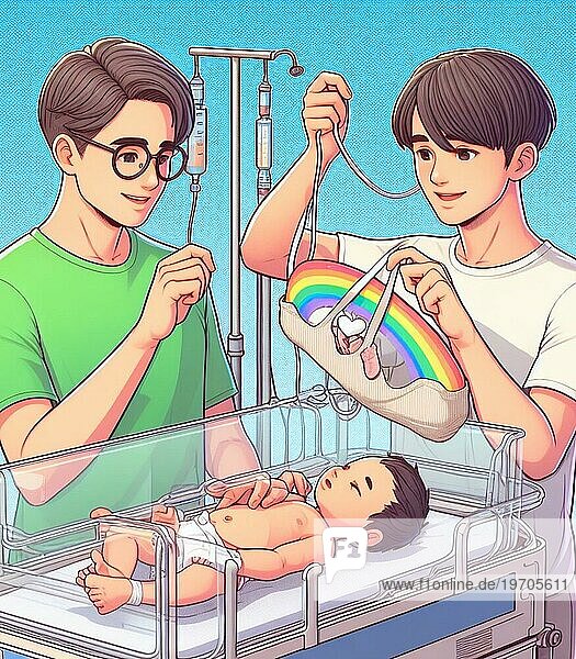 Illustration Darstellung Paar glückliche junge Menschen im Krankenhaus Neonatologie Pädiatrie kümmern sich um Neugeborene  Regenbogen Familien Konzept  Baby ai generiert