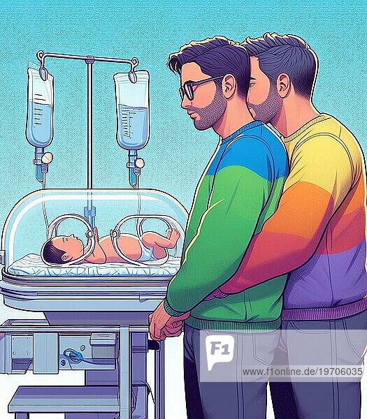 Illustration Darstellung Paar liebevolle Homosexuell Personen im Krankenhaus Neonatologie Pädiatrie kümmern sich um Neugeborene  Regenbogen Familien Konzept  Baby ai generiert