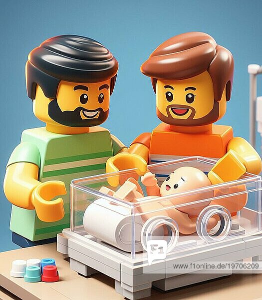 Illustration Darstellung Paar freudige Personen im Krankenhaus Neonatologie Pädiatrie kümmern sich um Neugeborene  Regenbogen Familien Konzept  Baby ai generiert