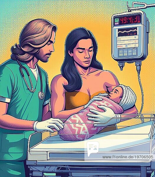 Illustration Darstellung Mutter und Arzt  Krankenhauspersonal Menschen bei neonatologyl kümmern sich um neugeborenes Baby ai generiert