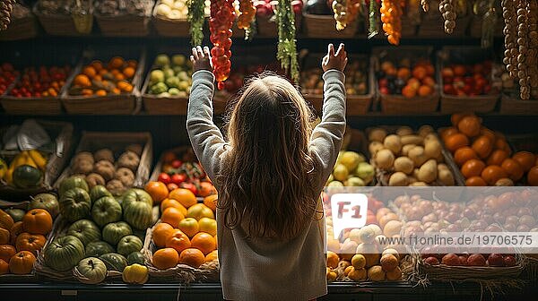 Rückenansicht eines kleinen Kindes  das sich auf einem Markt mit einer Vielzahl von frischen Früchten und einer großen Auswahl an buntem Gemüse nach oben streckt. generative AI