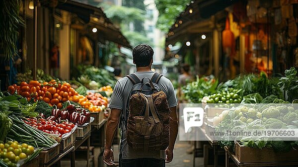 Junger erwachsener Mann mit Rucksack  der über den reichhaltigen Bauernmarkt geht. generative AI